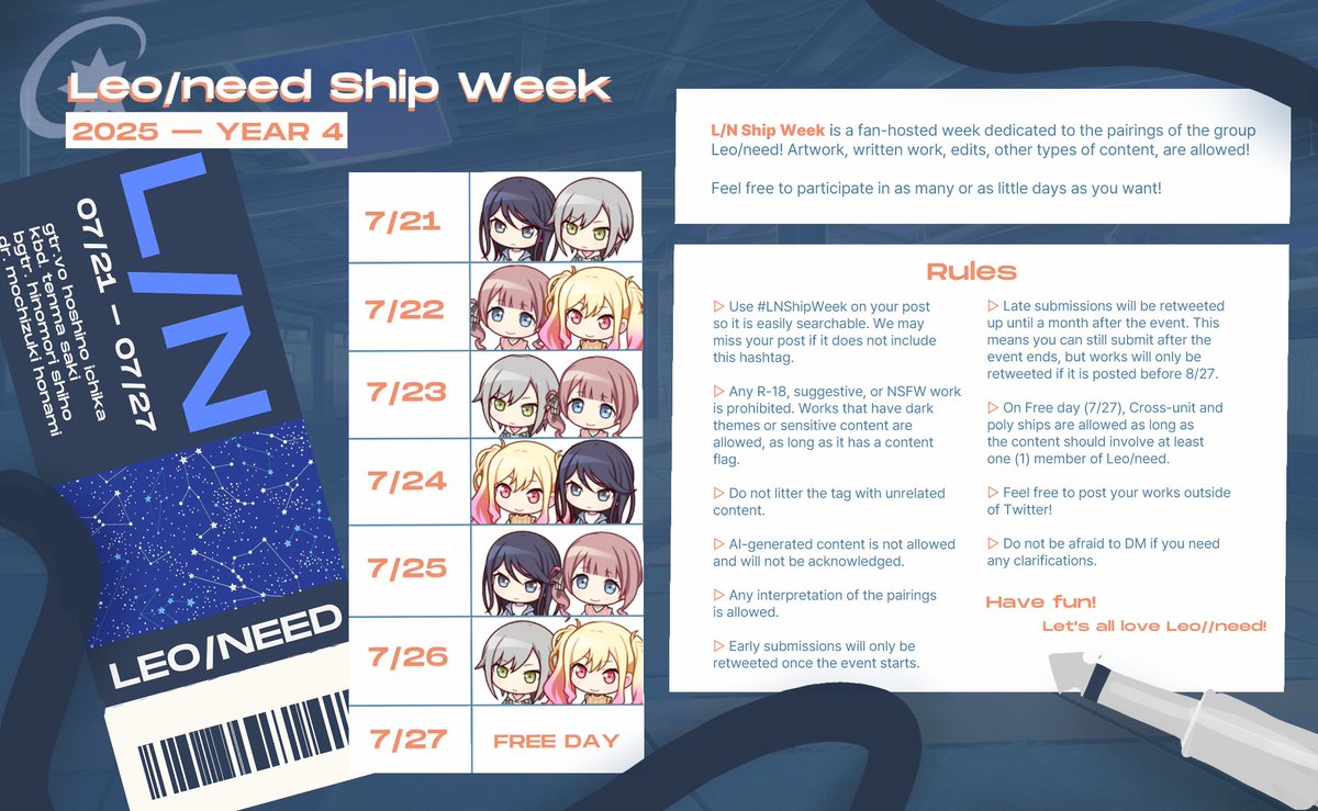 LNshipweek's tweet image. #LNShipWeek is coming back for its 4th year!
A week to appreciate all pairings within Leo/need, held on July 21st until July 27th.
Rules and information in the image below.
Let's love this band together💙💫