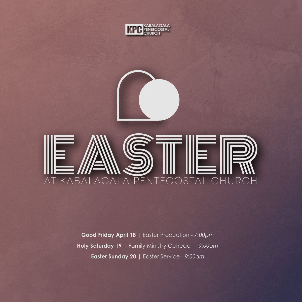 KPCUG's tweet photo. Whether it's your first time or you belong, Easter weekend is for you!
Friday 18: Easter Production, 7pm.
Saturday 19: Family Ministry Outreach, 9am.
Sunday 20: Easter Service, 9am.
#EasterAtKPC #FullyDevoted https://t.co/rrGZxoZ9qI