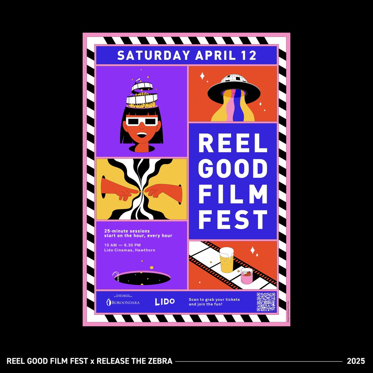 ReelGoodAU's tweet photo. We’ve been collaborating with @release.the.zebra since #RGFF’s big comeback in 2023! 🎨✨ From redefining our brand to celebrating 10 years &amp; evolving in 2025, RTZ has crafted bold, unforgettable campaigns.

Which year’s design is your fave? Let us know! ⬇️ #RGFF2025 https://t.co/SpgMRRMdxv