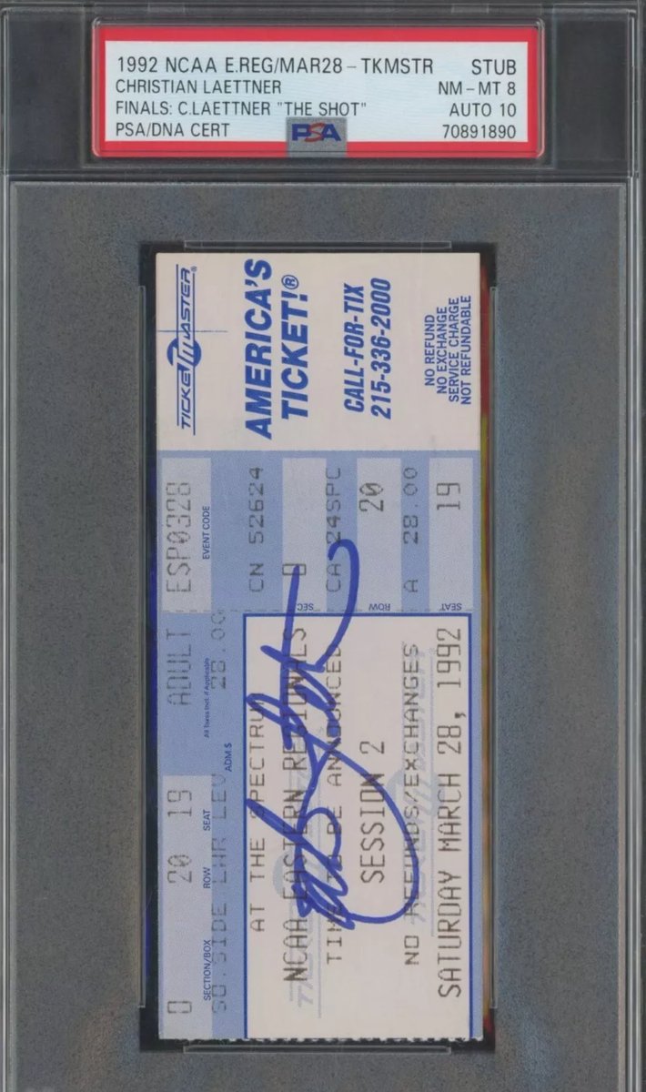 darrenrovell's tweet image. Christian Laettner signed “The Shot”
ticket sells tonight on eBay for $4,175. 

@psacard has graded 12 unsigned and 14 signed stubs.
