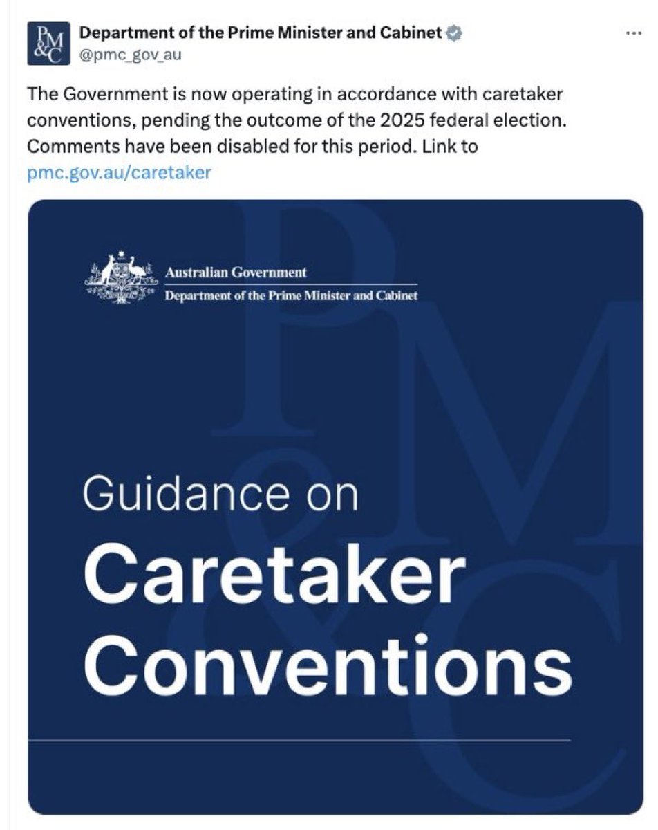 JayBTweetz's tweet image. Ding ding, The official account of the Department of Prime Minister and Cabinet just posted on X saying caretaker conventions have been activated - before deleting it. #labors Work experience kid at it again. #Auspol2025