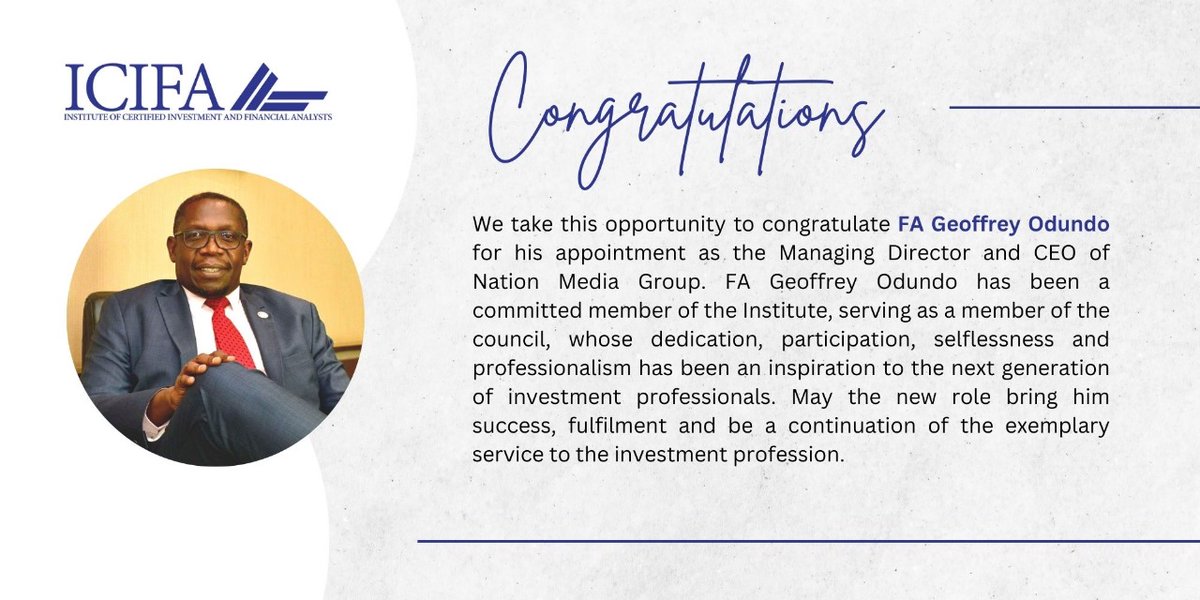 With great pride, we acknowledge FA Geoffrey Odundo's appointment as Managing Director and CEO of Nation Media Group. We commend this appointment and looks forward to his impactful leadership. Congratulations on this well-deserved role.👏