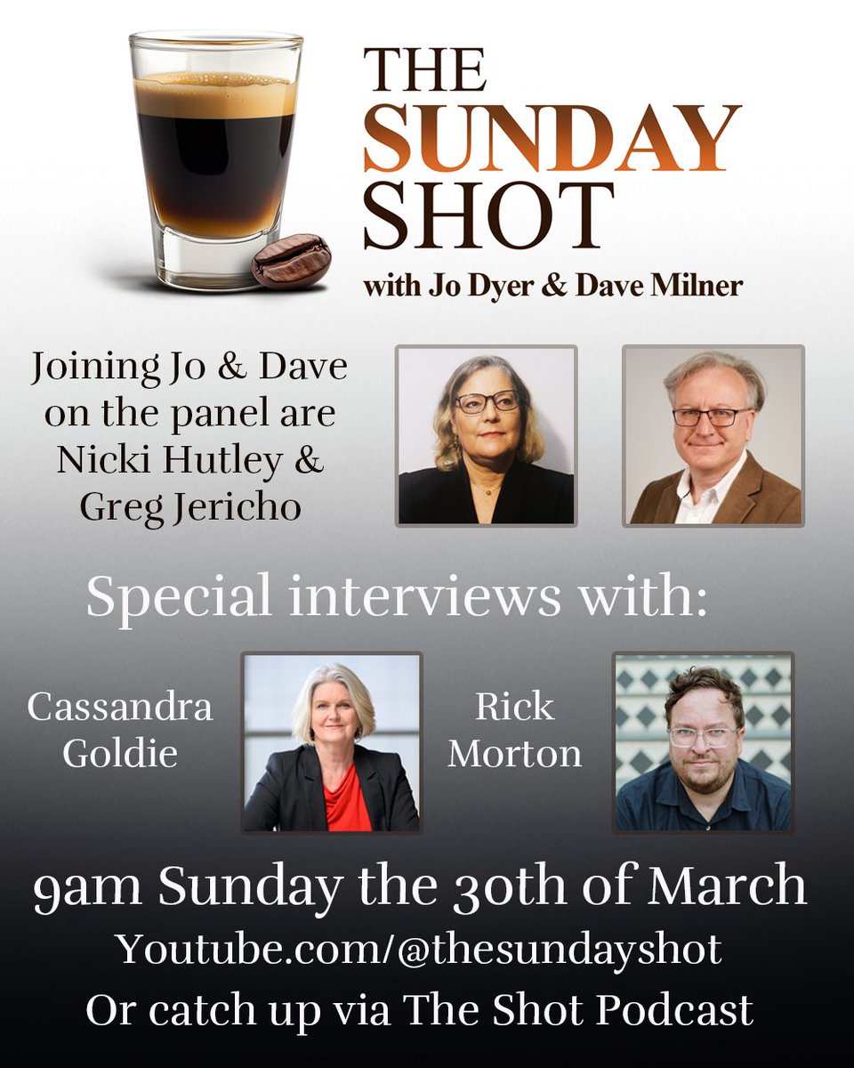 shot_au's tweet photo. This week on The Sunday Shot its a budget special as @DaveMilbo and @instanterudite  are joined by Nicki Hutley and @GrogsGamut.

Plus interviews with @cassandragoldie and @SquigglyRick

Tune in live on Sunday morning or catch up via Youtube or The Shot Podcast feed. https://t.co/9U2GdsSovF