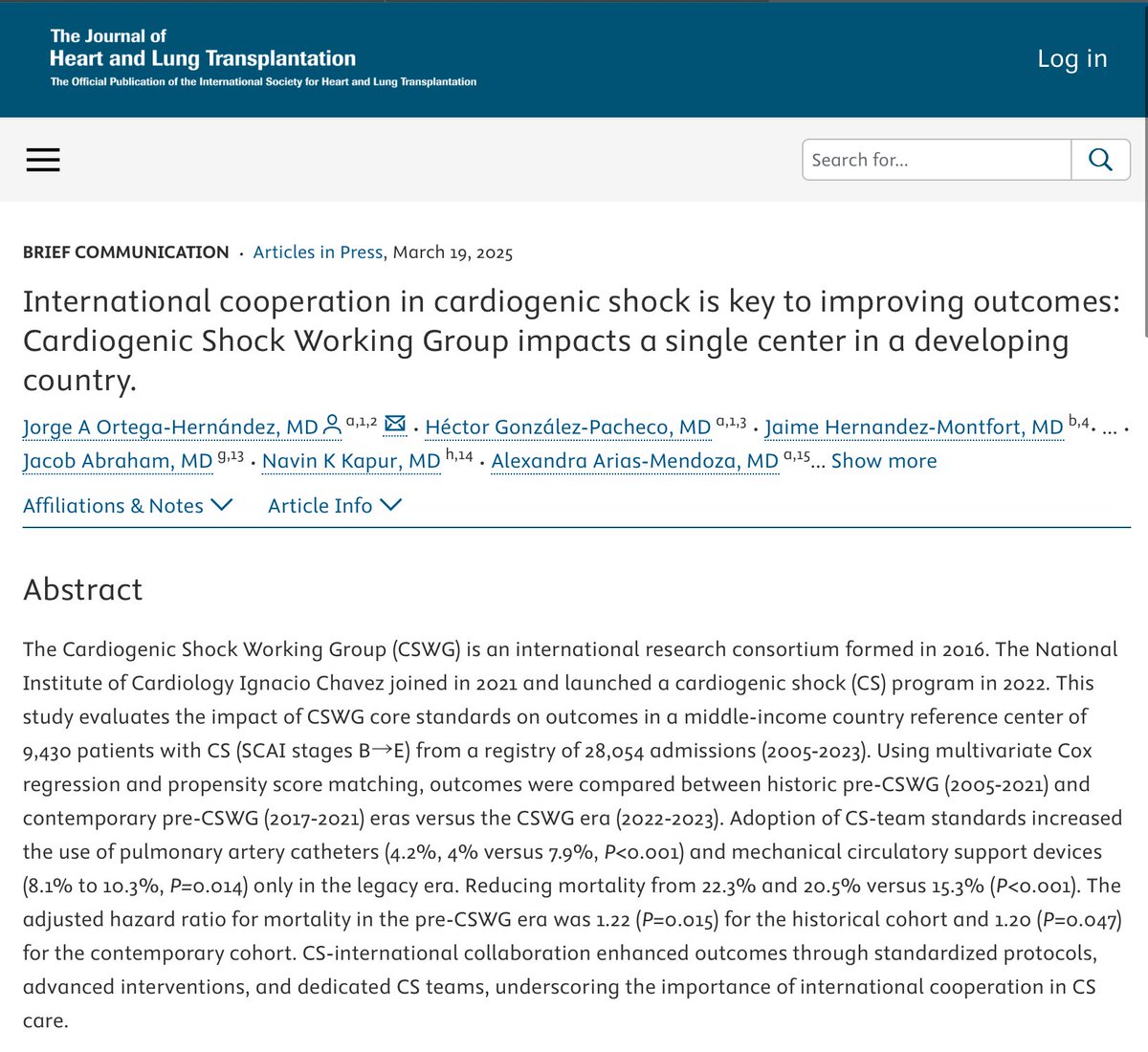 “International cooperation in cardiogenic shock is key to improving outcomes”
doi.org/10.1016/j.heal…
In collaboration with the #CardiogenicShock Working Group (#CSWG), 🌎🌍we implemented a standardized CS protocol at the National Institute of Cardiology Ignacio Chávez🇲🇽