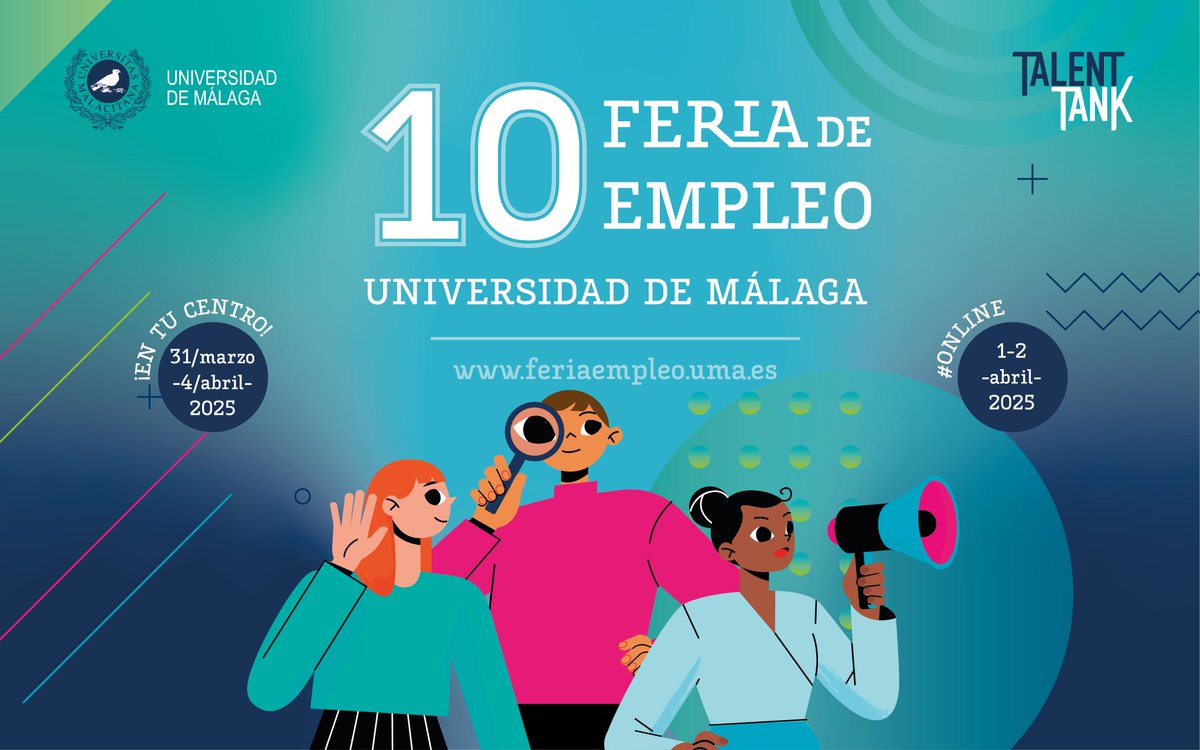 ¿Buscas trabajo? ¡Un año más, organizamos nuestra Feria de #Empleo!

📌Del 31 de marzo al 4 de abril, con actividades presenciales en tu Facultad o Escuela.

Y los días 1 y 2 de abril, Feria virtual👩‍💻 para contactar con empresas.

+info: feriaempleo.uma.es
#Málaga