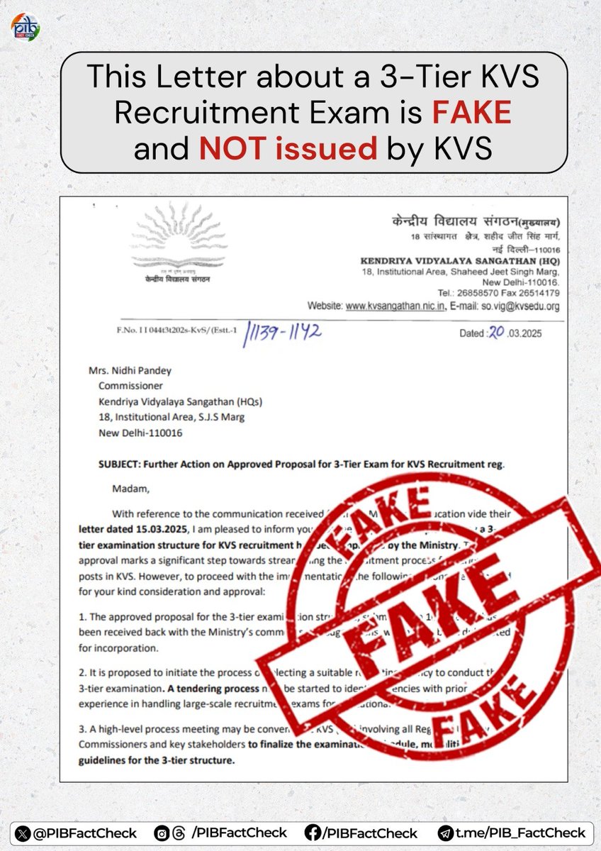 PIB Fact Check (@pibfactcheck) on Twitter photo A letter doing the rounds on social media falsely claims that the Ministry of Education has approved a Three-tier examination system for recruitment in Kendriya Vidyalaya Sangathan (KVS)
#PIBFactCheck
тЬФя╕ПBeware! This letter is #fake
тЬФя╕П<a href="/KVS_HQ/">Kendriya Vidyalaya Sangathan</a> has NOT issued any such letter. A letter doing the rounds on social media falsely claims that the Ministry of Education has approved a Three-tier examination system for recruitment in Kendriya Vidyalaya Sangathan (KVS)
#PIBFactCheck
тЬФя╕ПBeware! This letter is #fake
тЬФя╕П<a href="/KVS_HQ/">Kendriya Vidyalaya Sangathan</a> has NOT issued any such letter.
