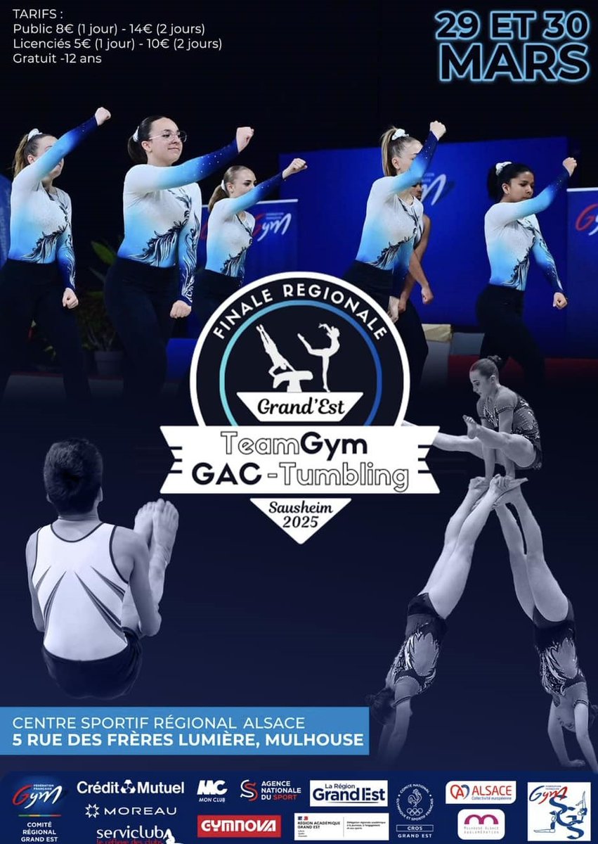 ✨CHAMPIONNAT RÉGIONAL TEAM / TU / GAC ✨

Les 𝟮𝟵 𝗲𝘁 𝟯𝟬 𝗺𝗮𝗿𝘀, venez assister au Championnat Régional de TeamGym, Tumbling et Gymnastique Acrobatique !

#ADNSport <a href="/MulhouseAgglo/">Mulhouse Alsace Agglomération - m2A</a> <a href="/toutelalsace/">Toute l'Alsace</a> <a href="/ffgymnastique/">Fédération Française de Gymnastique</a>