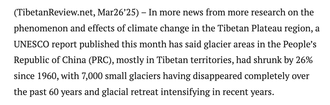 Alarming: UN World Water Development Report 2025, Mountains and Glaciers: Water towers reported that 26% of glacier areas in Tibetan territories have shrunk by 26% since 1960.
tibetanreview.net/tibetan-platea…