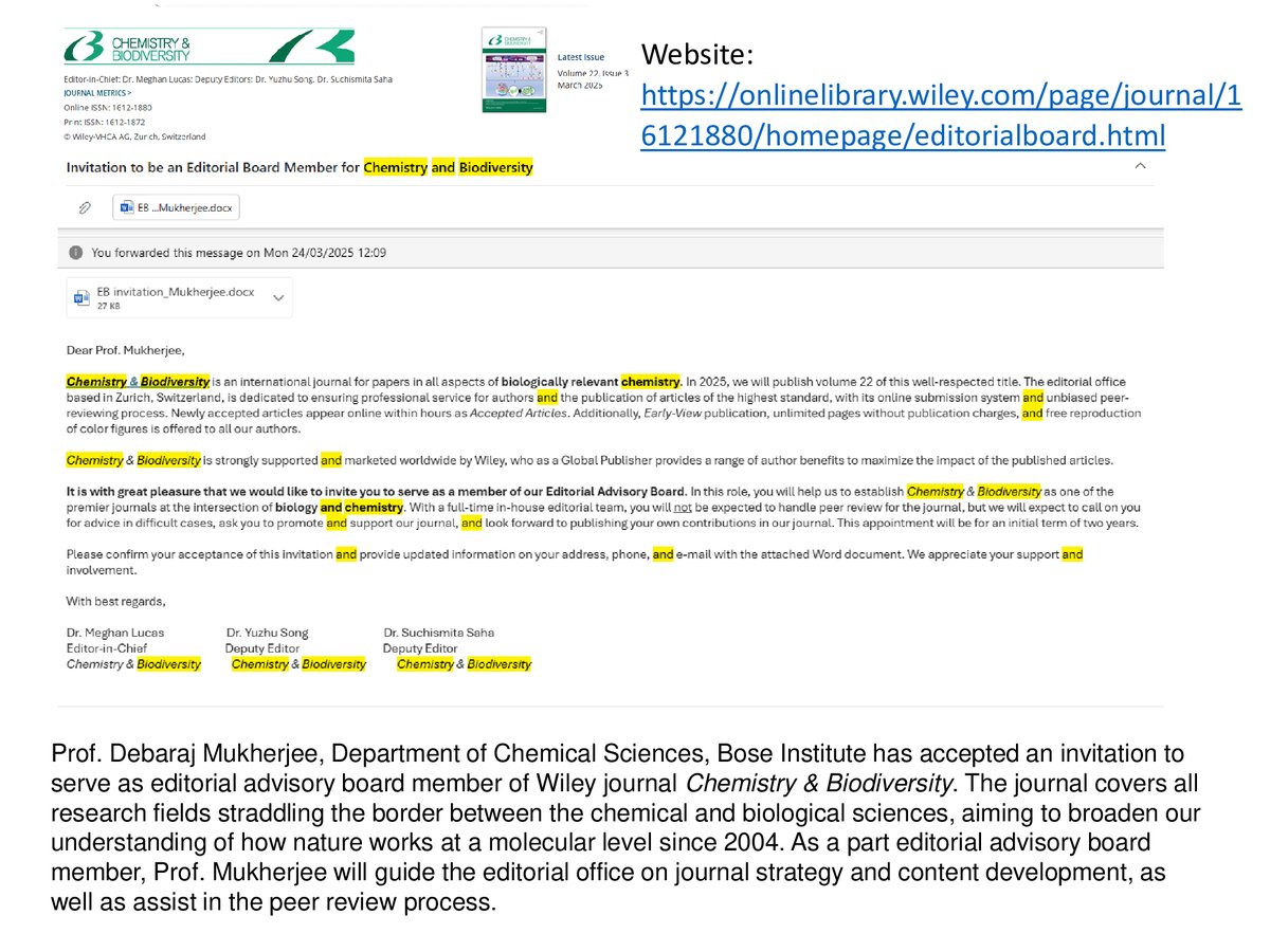 Bose Institute (@bose_institute) on Twitter photo Happy to share that Prof. Debaraj Mukherjee, Dept. of Chemical Sciences, Bose Institute has accepted the invitation to serve as Editorial Advisory member of the reputed Wiley Journal- Chemistry & Biodiversity.
<a href="/KaustuvSanyal/">Kaustuv Sanyal</a> <a href="/IndiaDST/">DSTIndia</a> <a href="/DrJitendraSingh/">Dr Jitendra Singh</a> <a href="/karandi65/">Abhay Karandikar</a> <a href="/PIB_India/">PIB India</a> Happy to share that Prof. Debaraj Mukherjee, Dept. of Chemical Sciences, Bose Institute has accepted the invitation to serve as Editorial Advisory member of the reputed Wiley Journal- Chemistry & Biodiversity.
<a href="/KaustuvSanyal/">Kaustuv Sanyal</a> <a href="/IndiaDST/">DSTIndia</a> <a href="/DrJitendraSingh/">Dr Jitendra Singh</a> <a href="/karandi65/">Abhay Karandikar</a> <a href="/PIB_India/">PIB India</a>