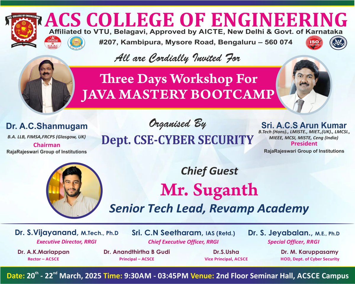 acscebangalore's tweet image. 🚀✨ Java Mastery Bootcamp – Day 1 Recap! 💻🔥
#ACSCE CSE-Cybersecurity Dept. hosted Day 1 of the #JavaMastery Bootcamp with Mr. Suganth (Revamp Academy), covering Core Java, hands-on coding & Q&A. 💡💻🔥
#TechTraining #FutureReady #ACSCE