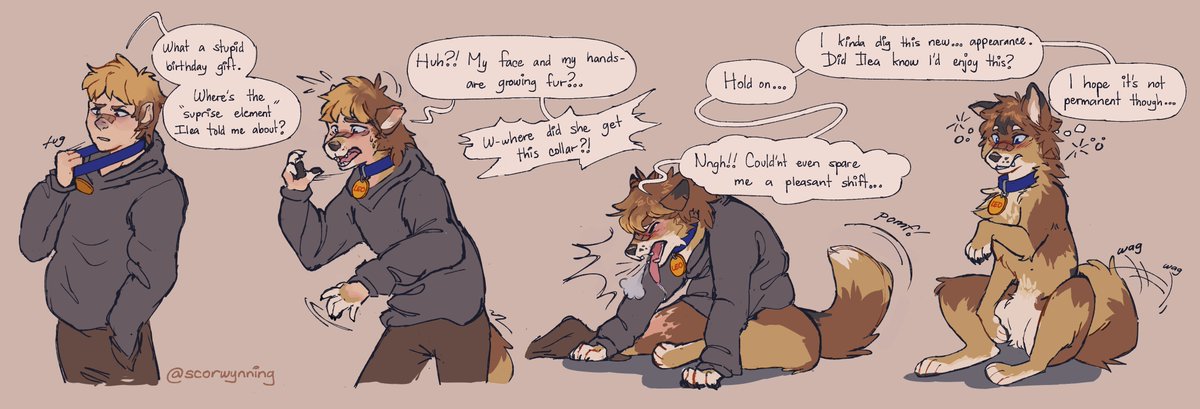 Leo's cheeky friend got him an odd birthday gift to wear, promising some much needed 'change'. Soon, he'll stop resisting the puppy cravings... 🦴

#TFEveryday #TFTuesday #transfur