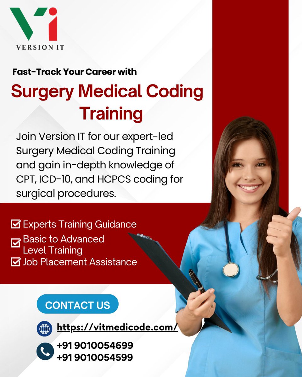 vit_medicode's tweet image. 🚨 Boost Your Career with Surgery Medical Coding Training! 🚨
Looking to advance your career in medical coding? Join Version IT for our expert-led Surgery Medical Coding Training.
📞 +91 9010054699 / 9010054599
Website: vitmedicode.com/surgery-medica…
#MedicalCoding #SurgeryCoding