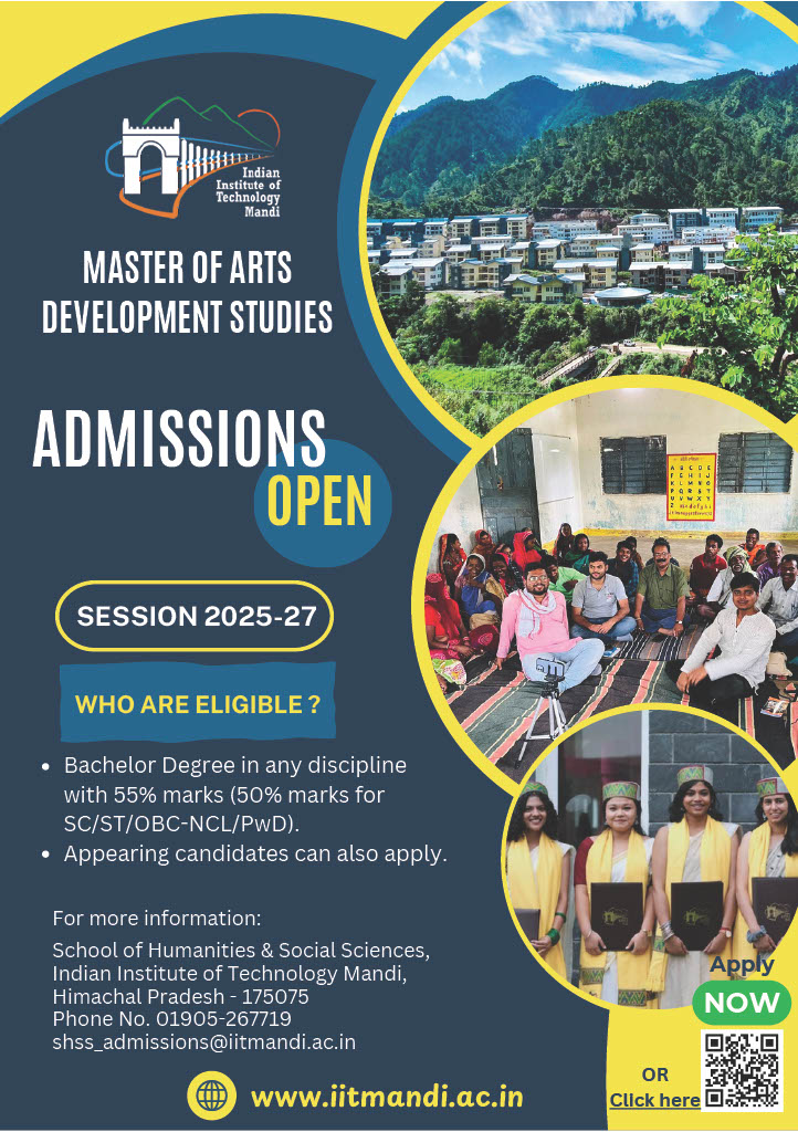 SHSSIITMandi's tweet photo. The School of Humanities &amp; Social Sciences invites applications for admissions in M.A. in Development Studies for the session commencing from August 2025. 

Start Date of application is 13th March 2025 at 09:00 AM
Last Date of application is 11th April 2025 up to 05:30 PM https://t.co/5RUeSmVMhc