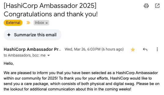 I'm excited and humbled to be included in this years HashiCorp Ambassador award! This is my 4th time being awarded. Thank you HashiCorp, I look forward to another amazing year of Terraform and IaC!

#HashiCorp #IaC #Terraform #HashiCorpAmbassador