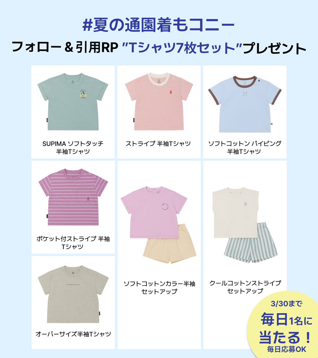 Konny_baby_jp's tweet photo. 📢Konny夏のベビー服新発売記念
フォロー＆引用RPプレゼントキャンペーン🎁

3/30まで毎日1名様に抽選でTシャツ7枚セットプレゼント！

【応募対象】
⁠
80㎝～120㎝のベビー服を着用するお子さまがいらっしゃる方（国内在住）

【応募方法】

①@Konny_baby_jpをフォロー
②このポストを「いいね」と #夏の通園着もコニー を付けて引用RP（リツイート）
3/30(日)23:59まで毎日応募OK！

【プレゼント内容】
*当選後に色サイズをお選びいただけます。
SUPIMA ソフトタッチ 半袖Tシャツ
ストライプ 半袖Tシャツ
ソフトコットン パイピング 半袖Tシャツ
ポケット付ストライプ 半袖Tシャツ
オーバーサイズ半袖Tシャツ
ソフトコットンカラー半袖セットアップ
クールコットンストライプセットアップ

【当選発表】
3/31(月)に当選者の方へ「@Konny_baby_jp」よりダイレクトメッセージをお送りします
【注意事項】次のポストを参照ください

▶Konny公式Instagramでもイベント開催中
今すぐチェック👀

▶コニー夏の新作ベビー服発売記念セール
夏の通園着、お出かけ着にぴったりなアイテムが発売！
3/31(月)お昼12:00～4/7(月) 23:59
