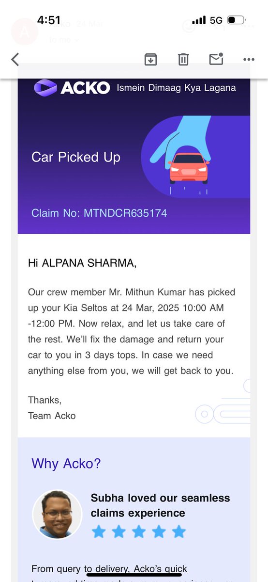 ASKrishnatreya's tweet photo. I trusted @ACKOIndia  @ACKOSupport  to repair and return my car in “3 days tops” as promised via email on March 24.
It's now March 27. No car. No accountability.
The revised ETA? April 3.
This is how SLA promises are broken. Here's what happened. 👇 https://t.co/WF5B2ogO7v
