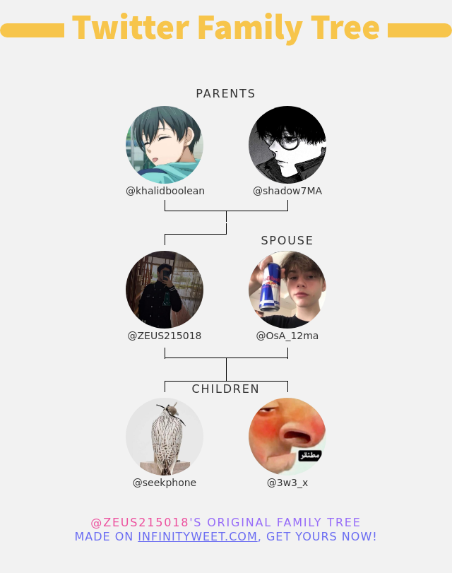 👨‍👩‍👧‍👦 My Twitter Family:
👫 Parents: <a href="/khalidboolean/">Khalid</a> @shadow7MA
👰 Spouse: <a href="/OsA_12ma/">Os✨</a>
👶 Children: @seekphone <a href="/3w3_x/">BETTER CALL JOESTAR</a>

➡️ infinityweet.me/family-tree