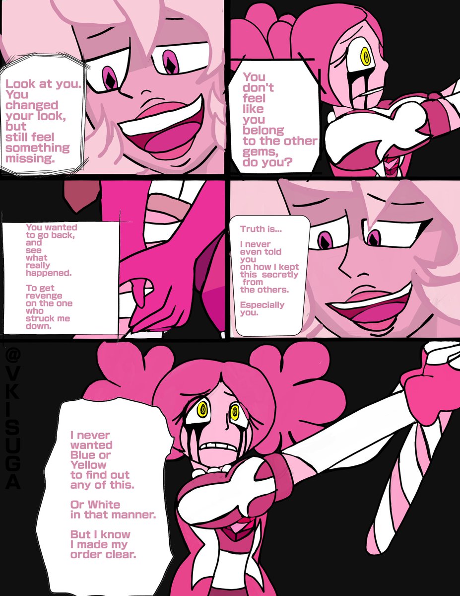 VKisuga's tweet photo. This was really painful to color all these panels

Dottie's senses get affected by the replacement eye, and started seeing a memory/false image of Pink Diamond (what she saw before she was poofed)

#spineloc #comic https://t.co/D4AZsFPsCv