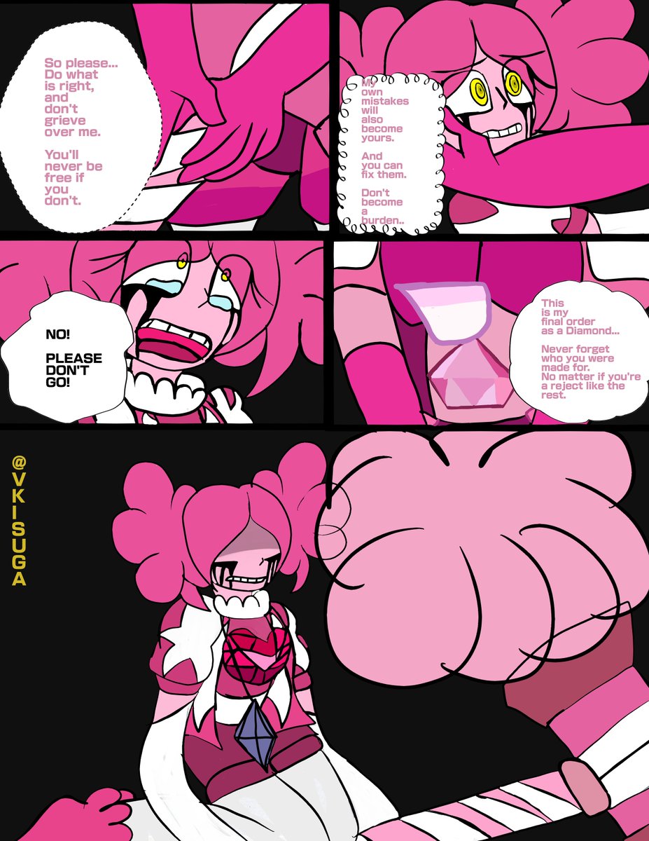 VKisuga's tweet photo. This was really painful to color all these panels

Dottie's senses get affected by the replacement eye, and started seeing a memory/false image of Pink Diamond (what she saw before she was poofed)

#spineloc #comic https://t.co/D4AZsFPsCv