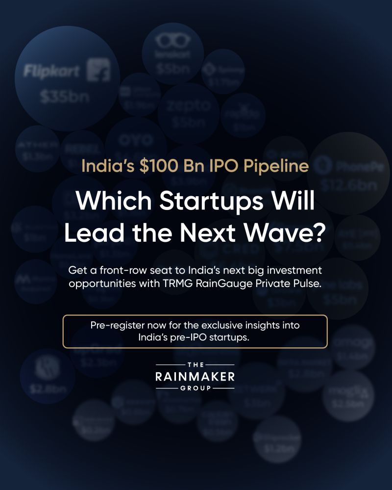 KChanchani's tweet photo. ⏳Countdown Begins: TRMG RainGauge Private Pulse is launching soon 📊

TRMG RainGauge Private Pulse is a definitive guide to India’s most consequential startups. We’re tracking 30+ startups gearing up for public markets and decoding India’s $100 Bn+ IPO pipeline. 

Pre-register to get the report delivered straight to your inbox at launch!

Link in the comments
 
#RainGaugePrivatePulse #VentureToPublic #CountdownBegins #IndianStartups #IPOIndia