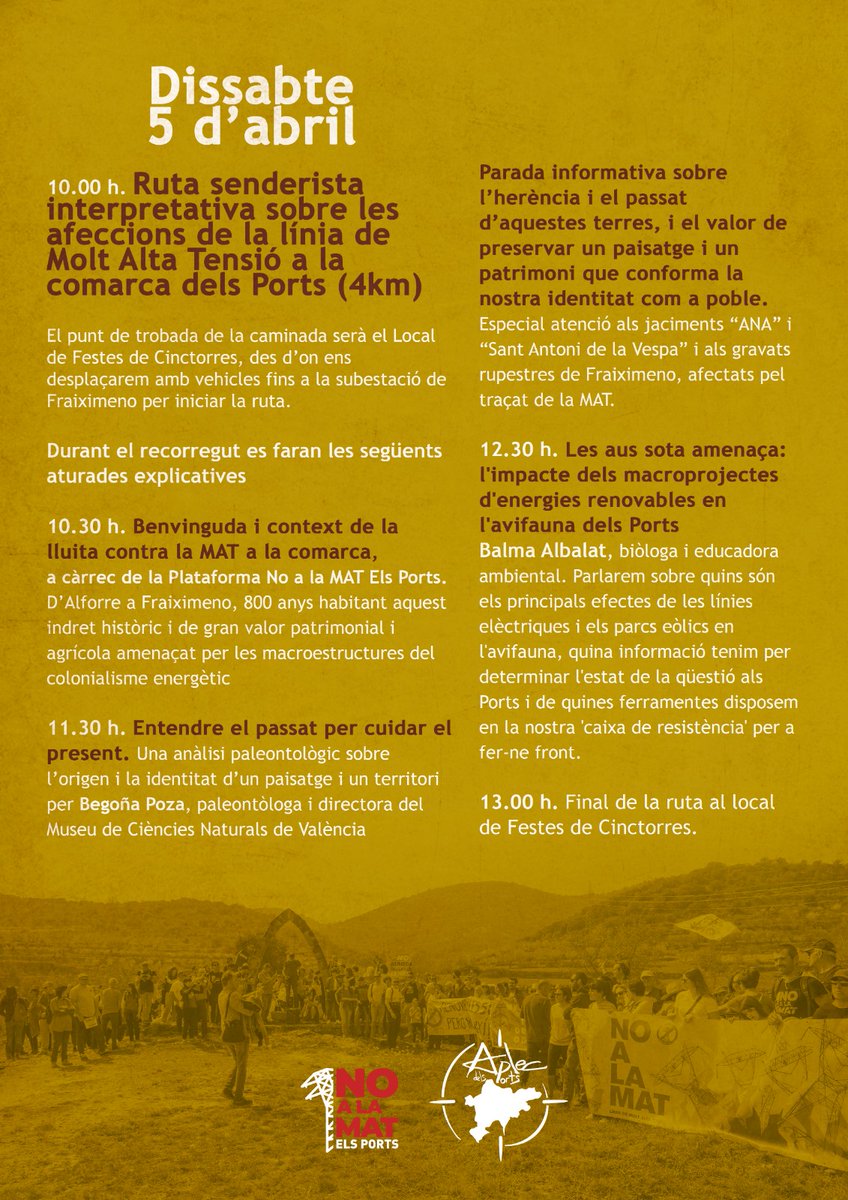 🌱El el marc del pro <a href="/AplecdelsPorts/">Aplec dels Ports</a> #Cinctorres del pròxim 5 d'abril organitzem aquesta ruta interpretativa sobre afeccions patrimonials, paisatgístiques, sobre la salut i la biodiversitat que tindria la MAT del Clúster Maestrazgo

✍️Inscripcions ací⬇️
docs.google.com/forms/d/e/1FAI…