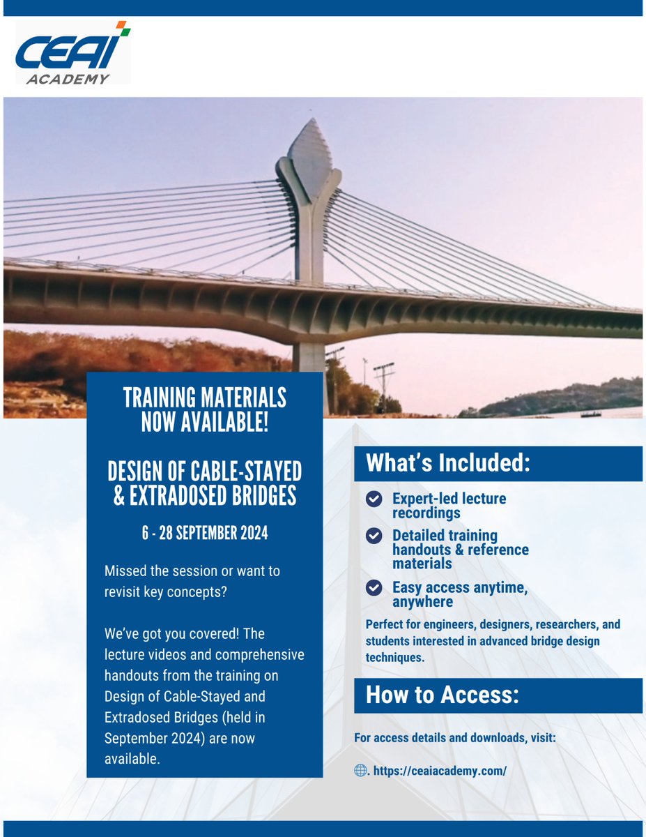 📷 Training Materials Now Available!

Missed the Design of Cable-Stayed &amp; Extradosed Bridges training? No worries! Access expert-led lectures, detailed handouts, and key resources anytime, anywhere.
ceaiacademy.com

#BridgeDesign #Engineering #TrainingMaterials