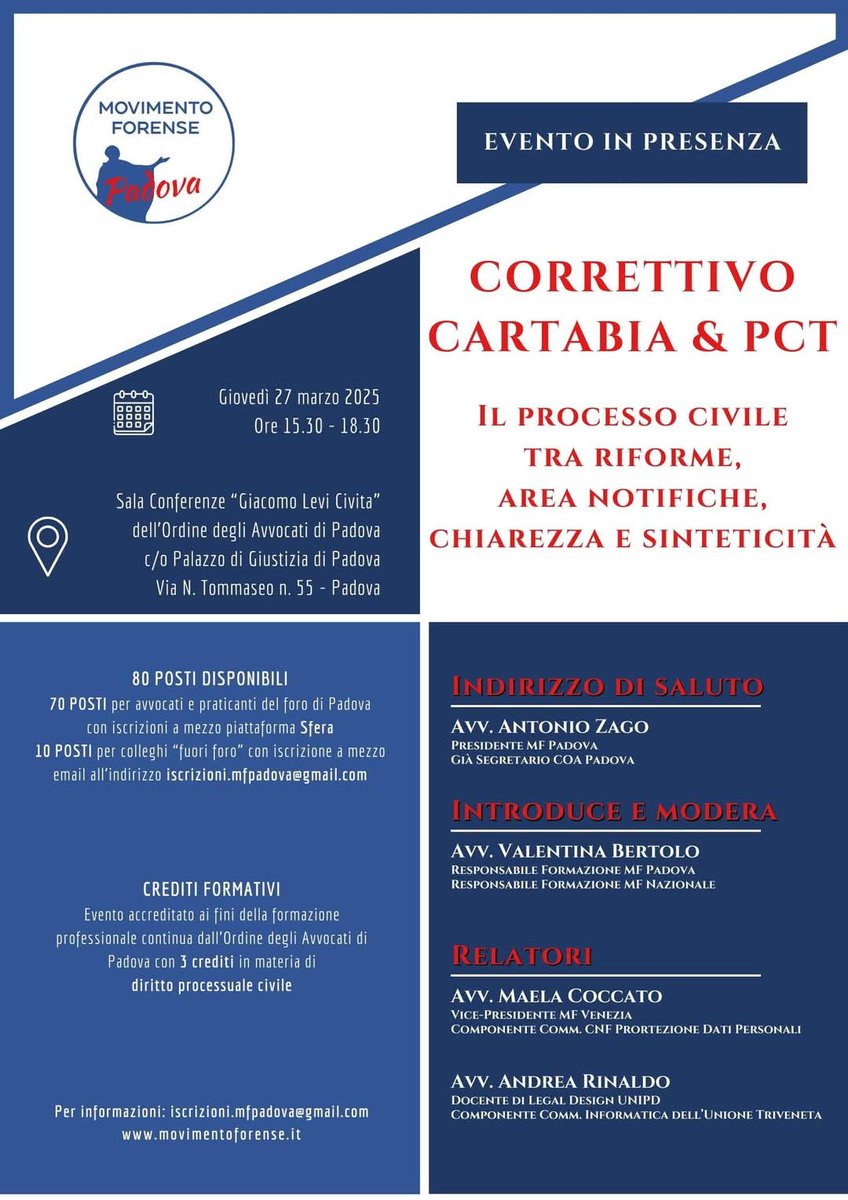 🔜 #nextjob
📅 #oggi

📍 Ci vediamo oggi pomeriggio presso la sala conferenze dell'Ordine degli Avvocati di #Padova - alle 15.30 - per parlare di #PCT e #CorrettivoCartabia.
‼️ Vi aspettiamo!

🔴 #movimentoforensepadova
🎓 #formazioneforense