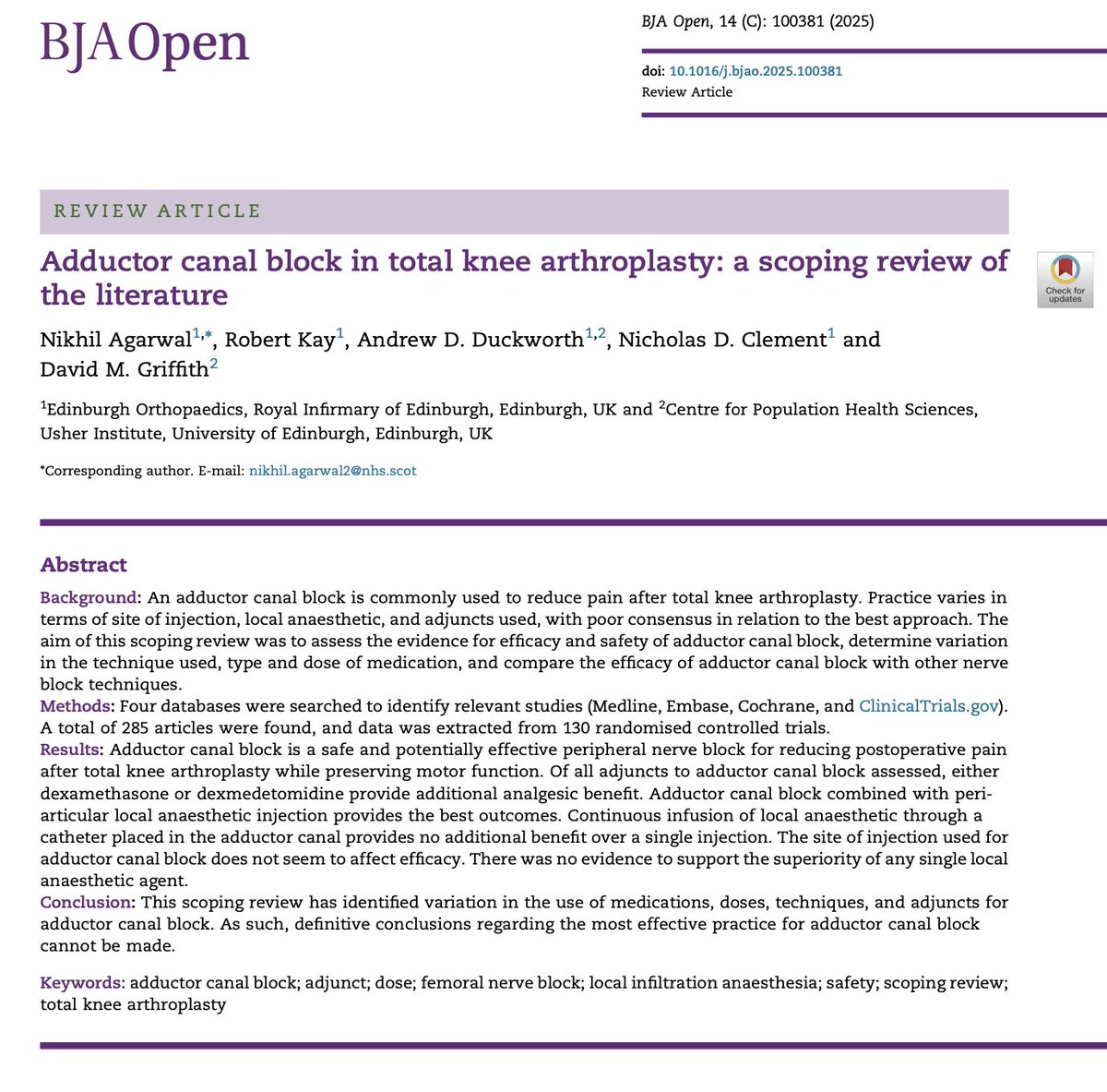New from #BJAOpen How do you perform adductor canal blocks for total knee arthroplasty? Agarwal et al. discusses the variation in practice. #TKR #adductorcanal #regional #openaccess bjaopen.org/article/S2772-…