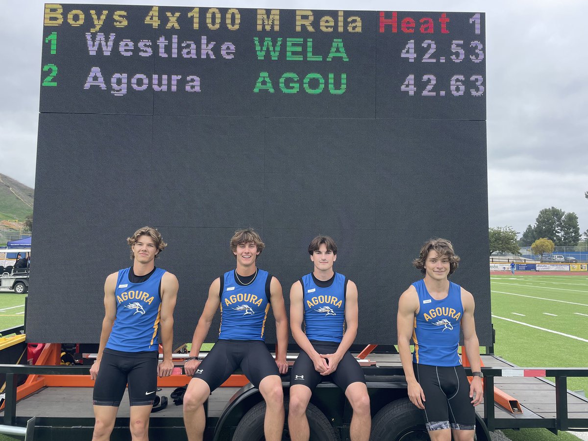 Agoura’s boys varsity 4x100 relay team breaks their previous school record with a 42.63 at today’s league meet. Congrats Beau Lantz, Tyler Starling, Connor Luebke, and Colton Parent! <a href="/AHS_Chargers/">Agoura Athletics</a>