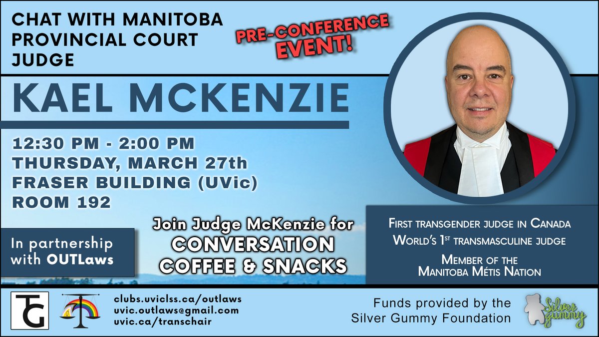 TransArchives's tweet image. Don&apos;t forget about our pre-conference event with Judge Kael McKenzie!

You can also catch him during his #MTHF keynote on Friday at 7:30 PM PT (UTC-7).

There&apos;s still time to register!
uvic.ca/mthf2025/regis…

#trans #uvic #conference #yyj