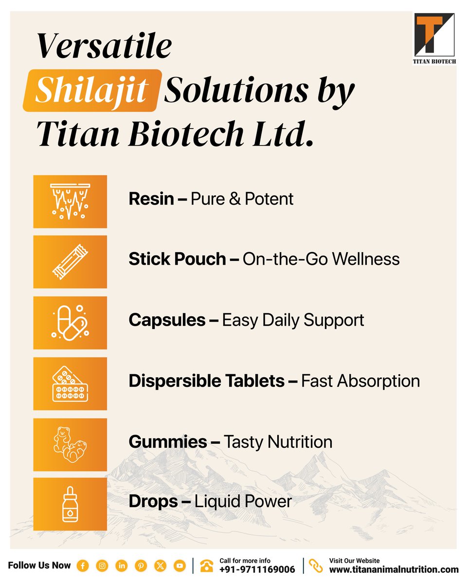 TitanBiotech's tweet image. Looking for premium Shilajit solutions? 🌿 Titan Biotech Ltd offers Resin, Stick Pouch, Capsules, Dispersible Tablets, Gummies &amp;amp; Drops for innovative health formulations.

Partner with us titanbiotechltd.com

#TitanBiotechLtd #Shilajit #HealthSupplements #Nutraceuticals