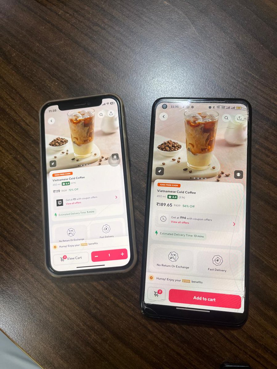 himanshurajputX's tweet image. @ZeptoNow, I noticed that when I try to order coffee. that the prices for the same product are different on iOS and Android. Could you clarify why this is happening? #Zepto #PricingIssue