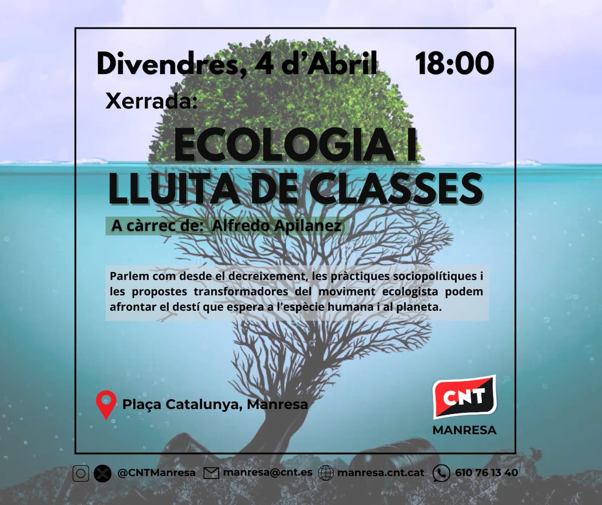 Divendres 4 d'abril 
🕕 18h

👉Alfredo Apiláñez ens parlarà sobre com encaixar les propostes transformadores en el context de la crisi ecosocial i les transformacions necessàries des del decreixement econòmic per vincular les lluites ecològiques amb el món del treball