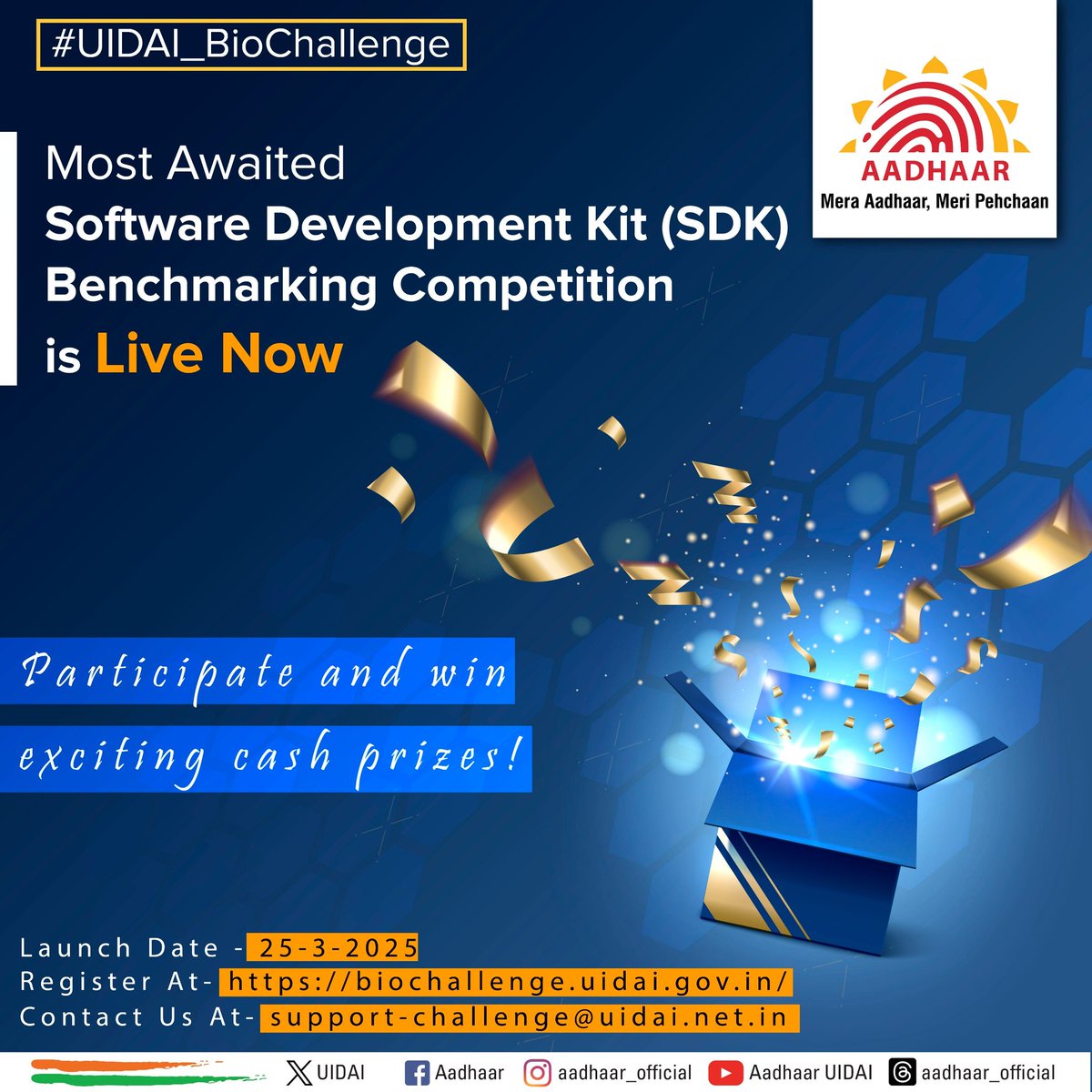 UIDAIHyderabad's tweet image. 📢#UIDAI_BioChallenge #LiveNow  

The most awaited UIDAI’s Biometric SDK Benchmarking Competition is Live Now!  Showcase your skills &amp;amp; stand a chance to win exciting cash prizes!  

#Aadhaar #BioChallenge #UIDAI