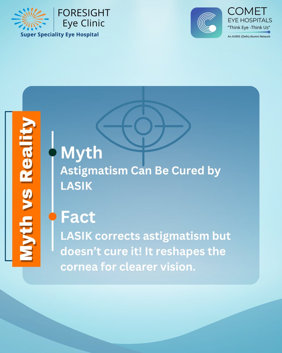 ForesightEye's tweet image. Myth: Astigmatism Can Be Cured by LASIK
Reality: LASIK corrects astigmatism but doesn’t cure it! It reshapes the cornea for clearer vision, but astigmatism can still develop over time due to natural eye changes.
 #lasikfacts #eyecare #lasik #optometry #foresighteyeclinic