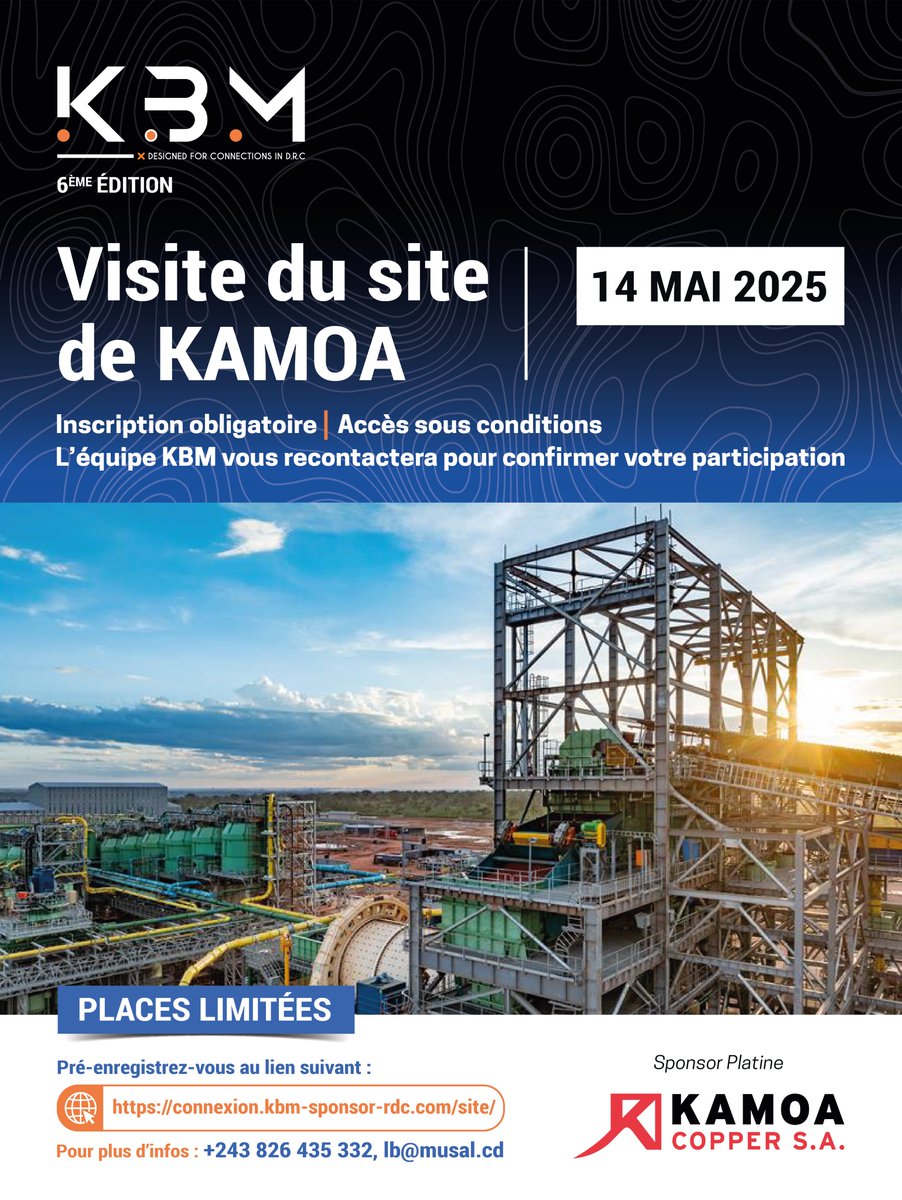 Le 14 mai 2025, vivez une expérience unique en participant à la visite exclusive du site de <a href="/kamoa_copper_sa/">Kamoa Copper S.A.</a> , l’un des projets miniers les plus ambitieux et innovants de la RDC ! Lien d’inscription : connexion.kbm-sponsor-rdc.com/site/
