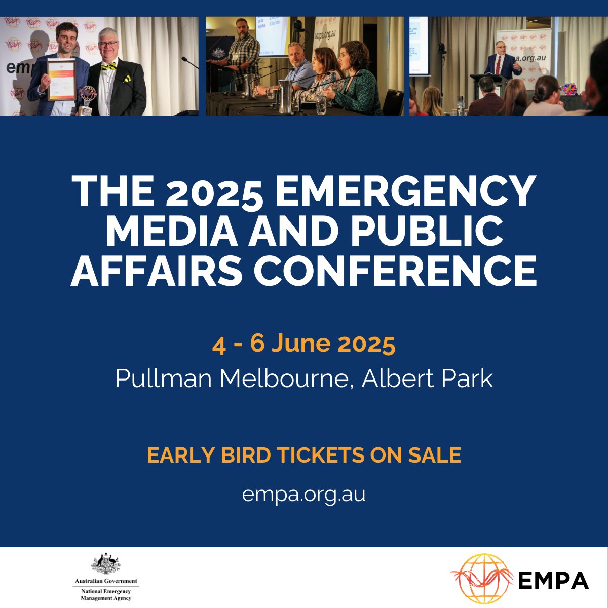Tickets for the 2025 EMPA Conference are now live!  

This year’s conference will take place on Wednesday 4 – Friday 6 June at the Pullman in Albert Park, Melbourne.  

Tickets on sale: eventfinda.com.au/2025/empa-conf…

Full program is available here: static1.squarespace.com/static/62fadf6…