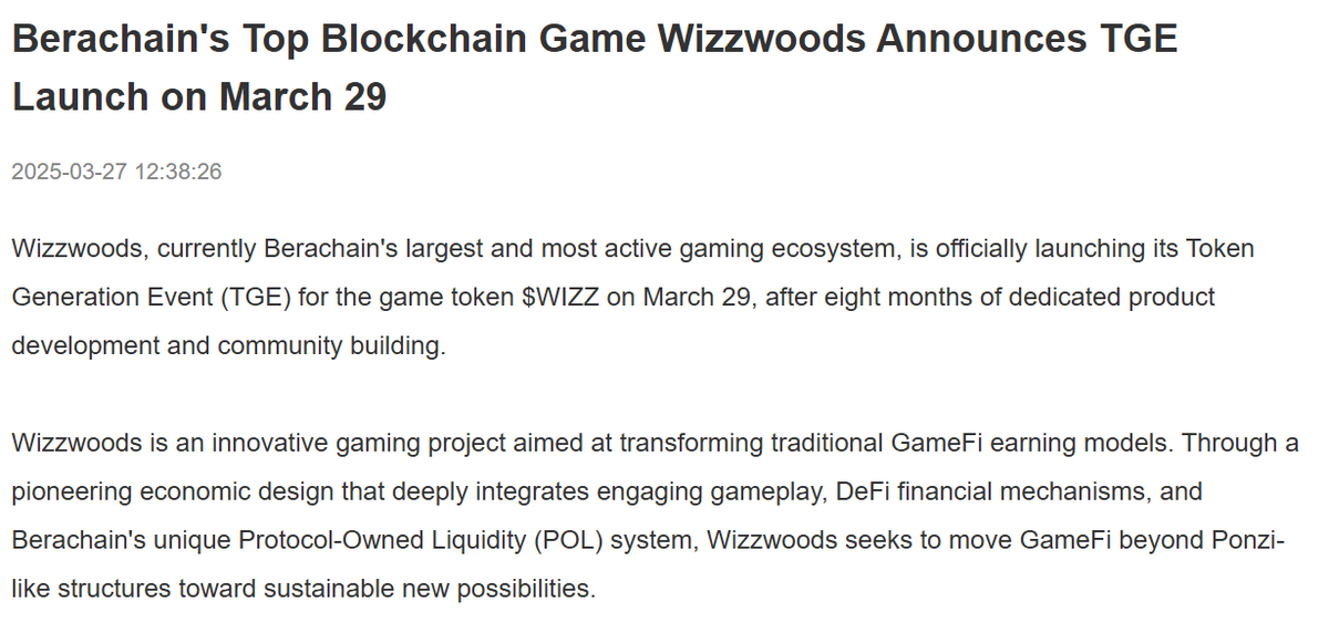 🚀 Wizzwoods, Berachain's top blockchain game, has officially announced its TGE on March 29! 🌲🔥

Explore a strategic farming game with resource gathering, crafting, and on-chain trading. Built on TG Mini-app, Line &amp; Twitter Extensions, Wizzwoods blends blockchain ownership with