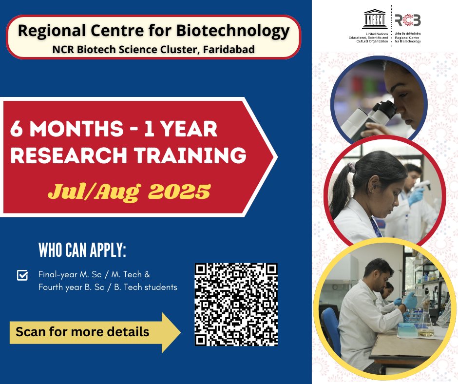 Applications are now open for our 6 months/1 year research training programme.
Get mentored by RCB faculty and begin your research journey with us!

Eligibility: Final-year postgraduates/four-year undergraduates
Last date: 27th April 2025

#PGdissertation #BiotechResearch