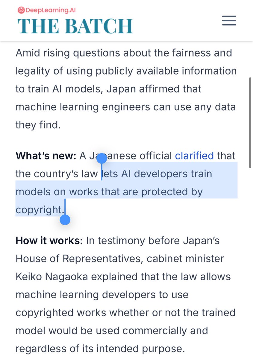 GergelyOrosz's tweet image. Was wondering why OpenAI chose to showcase images in the style of Japanse art studio Studio Ghibli - but not, Disney characters, Marvel comics etc.

I suspect b/c Japan is the only major country that made training on copyrighted works legal.

Expect no other country to follow…