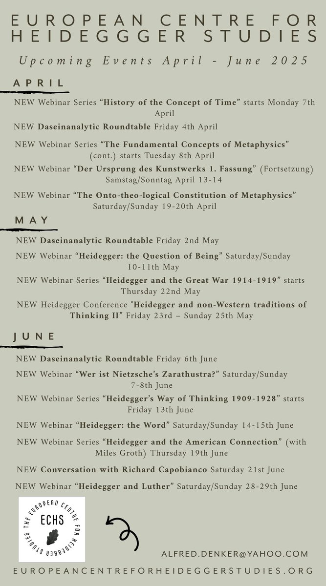 KarlKraatz's tweet image. Dr. Alfred Denker is offering very high quality courses on Heidegger's Philosophy. A beautiful opportunity to learn about Heidegger from a great teacher. Check out the posters, if interested, you can send an email to Dr. Denker. #heidegger