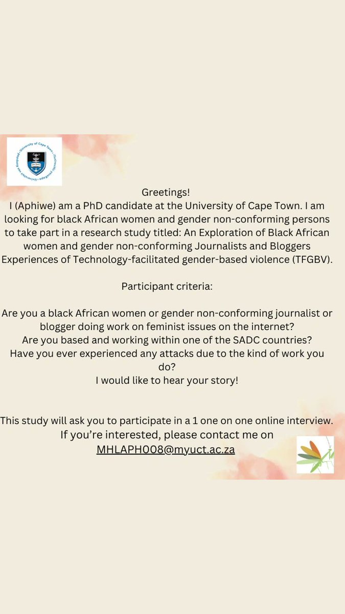 Hello!

Our colleague is looking for research participants for their study on black African women and gender non-conforming journalists and bloggers experiences of technology facilitated gender-based violence.

You can reach out using the email on the poster.
