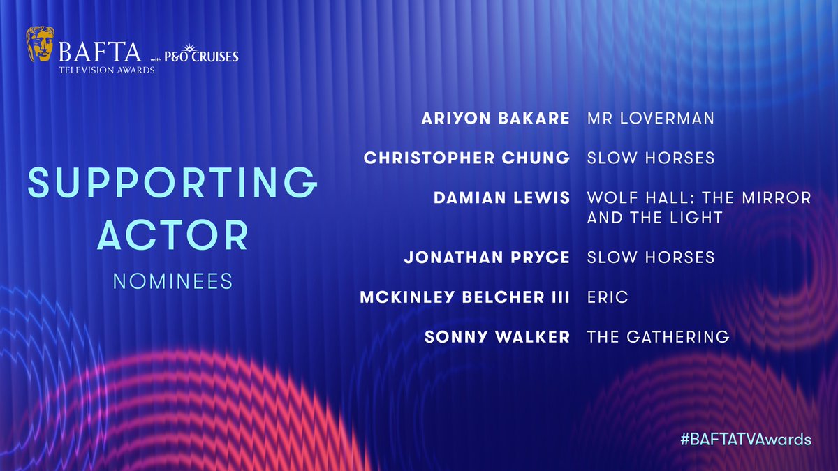 The Supporting Actor nominees are…

🎬 ARIYON BAKARE – Mr Loverman
🎬 CHRISTOPHER CHUNG – Slow Horses
🎬 DAMIAN LEWIS – Wolf Hall: The Mirror and the Light
🎬 JONATHAN PRYCE – Slow Horses
🎬 MCKINLEY BELCHER III – Eric
🎬 SONNY WALKER – The Gathering

#BAFTATVAwards with