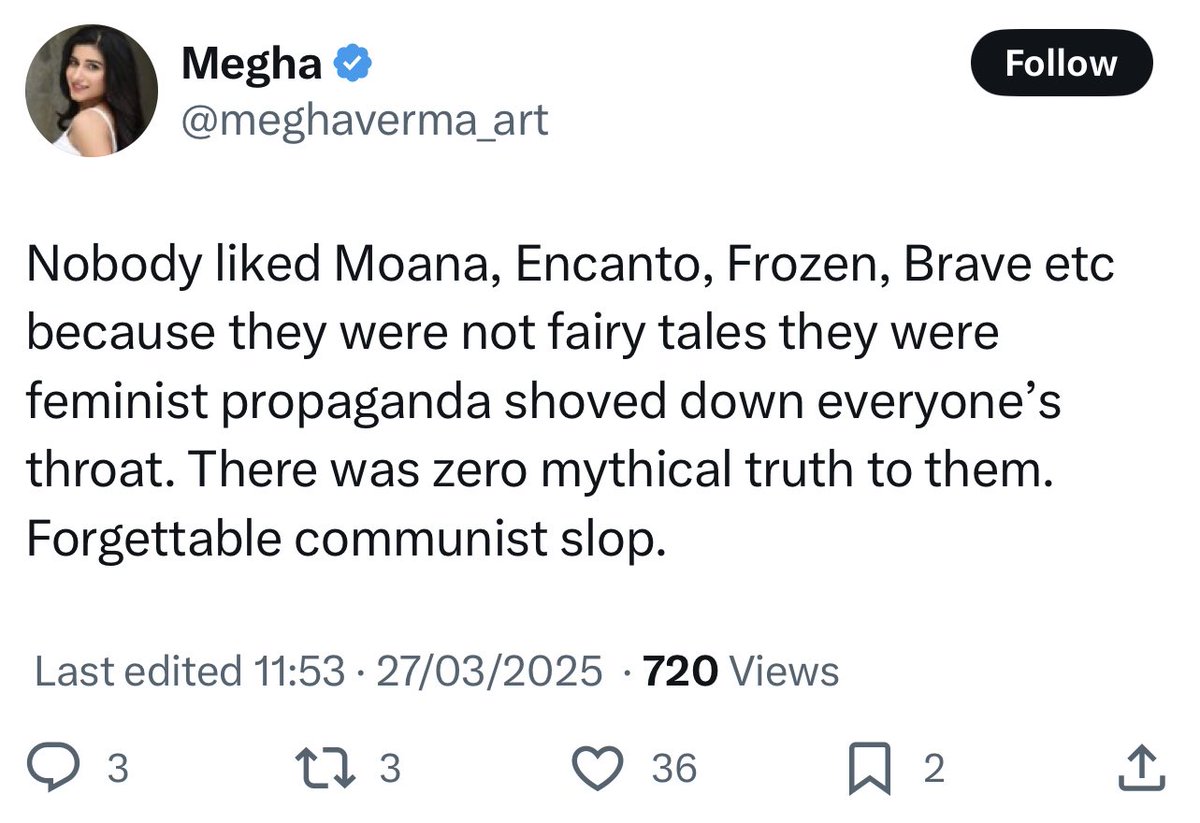 Rory McCarthy (@roryisconfused) on Twitter photo I’ve never seen a more egregious example of someone’s politics leaving them totally adrift from reality than this person claiming that Frozen isn’t popular I’ve never seen a more egregious example of someone’s politics leaving them totally adrift from reality than this person claiming that Frozen isn’t popular