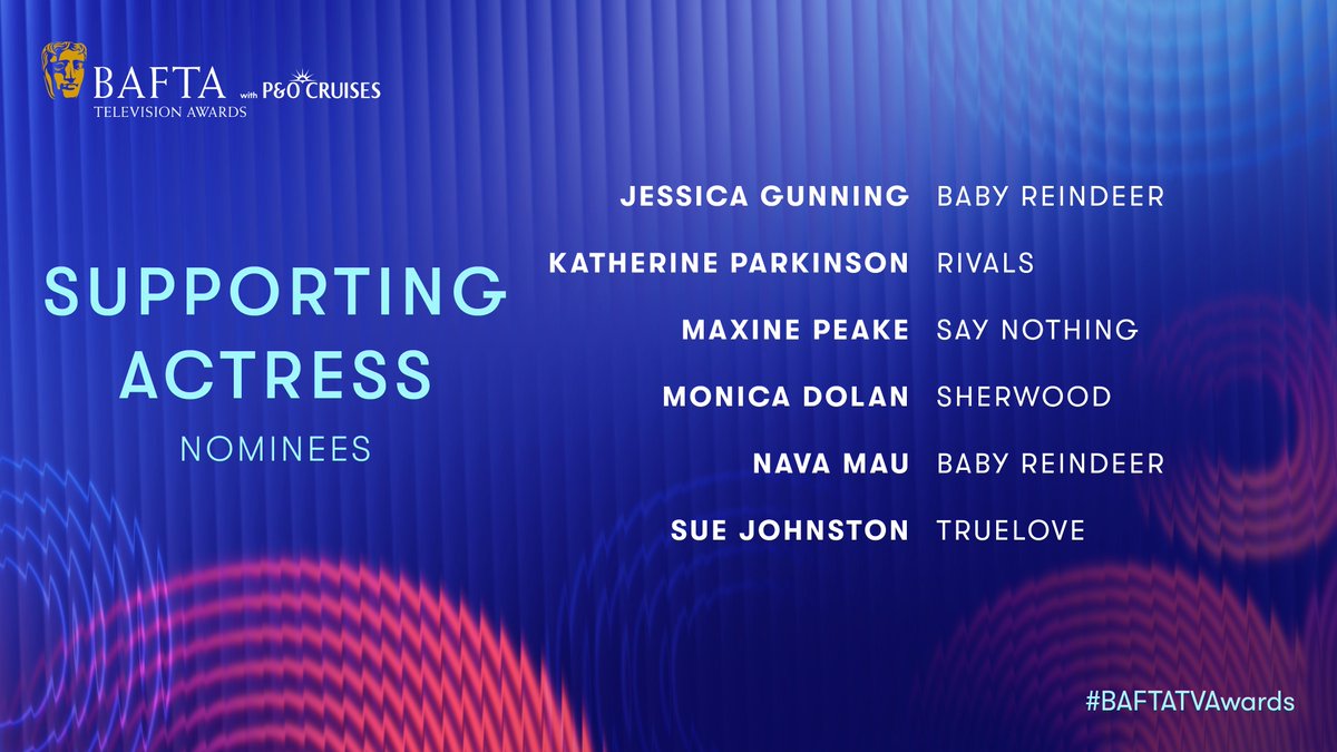 BAFTA (@bafta) on Twitter photo The Supporting Actress nominees are…
🎬 JESSICA GUNNING – Baby Reindeer
🎬 KATHERINE PARKINSON – Rivals
🎬 MAXINE PEAKE – Say Nothing
🎬 MONICA DOLAN – Sherwood
🎬 NAVA MAU – Baby Reindeer
🎬 SUE JOHNSTON – Truelove
#BAFTATVAwards with <a href="/pandocruises/">P&O Cruises</a> The Supporting Actress nominees are…
🎬 JESSICA GUNNING – Baby Reindeer
🎬 KATHERINE PARKINSON – Rivals
🎬 MAXINE PEAKE – Say Nothing
🎬 MONICA DOLAN – Sherwood
🎬 NAVA MAU – Baby Reindeer
🎬 SUE JOHNSTON – Truelove
#BAFTATVAwards with <a href="/pandocruises/">P&O Cruises</a>