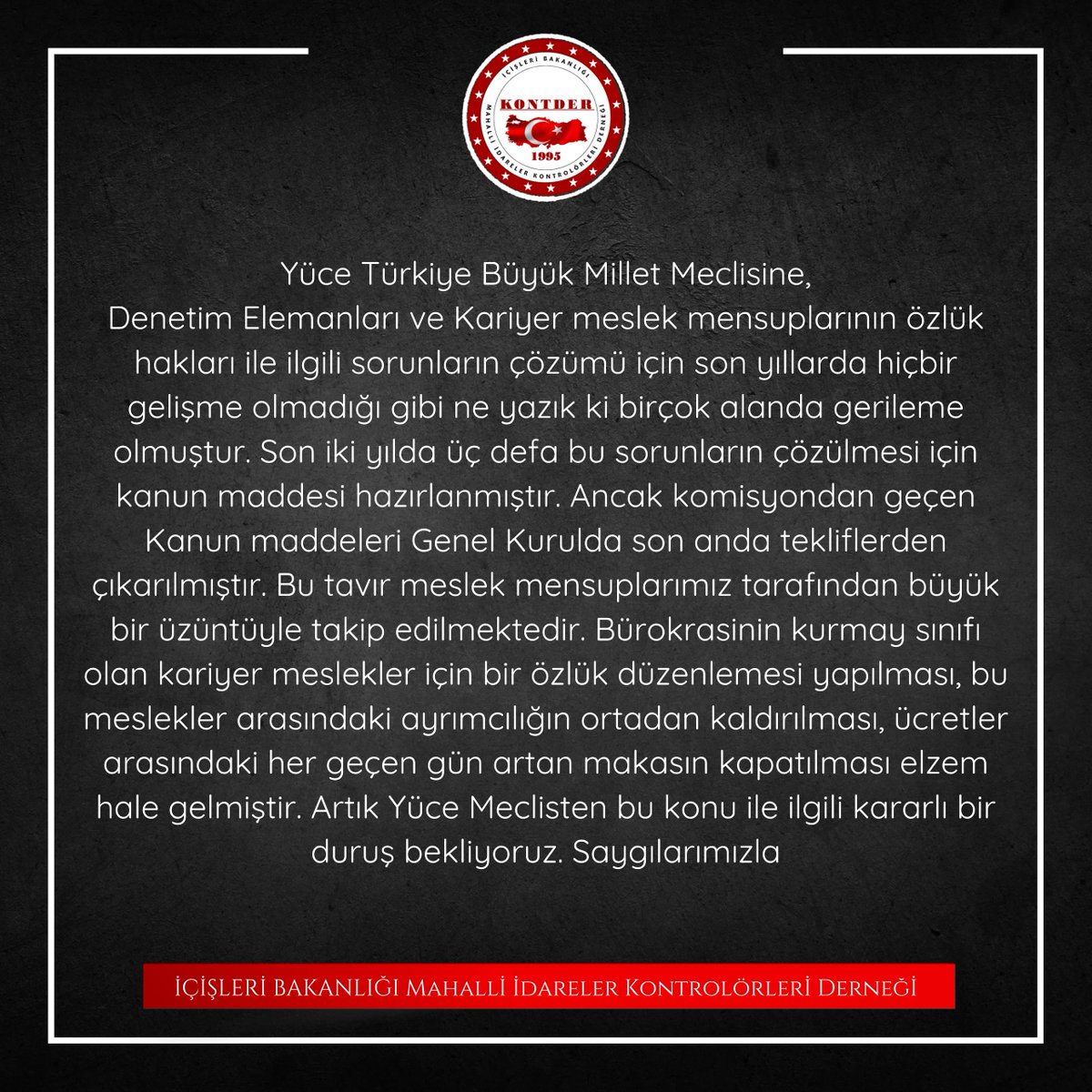 Müfettişler ve Kariyer Uzmanlar olarak,

#kararlıduruşbekliyoruz

<a href="/RTErdogan/">Recep Tayyip Erdoğan</a> <a href="/efkanala/">Efkan Âlâ</a> <a href="/mustafaelitas/">Mustafa Elitaş</a> <a href="/avabdullahguler/">Abdullah Güler</a> <a href="/omerserdarcomtr/">Ömer SERDAR</a> <a href="/Cemduranuzun/">Cem Duran UZUN</a>  <a href="/KmlttinYlmztkn/">Kemalettin YILMAZTEKİN</a> <a href="/MehmetTuncak/">Mehmet Tunçak</a> <a href="/mehmetyksktepe/">Mehmet Yüksektepe</a> <a href="/ZeybekciNihat/">Nihat Zeybekci 🇹🇷</a> <a href="/hby34/">Hasan Basri Yalçın</a> <a href="/omerrcelik/">Ömer Çelik</a> <a href="/eczozgurozel/">Özgür Özel</a> <a href="/gunaydingokhan/">Gökhan Günaydın</a> <a href="/AylinNazliaka/">Aylin Nazlıaka 🇹🇷</a>