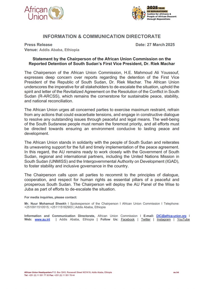 Statement by the Chairperson of the <a href="/_AfricanUnion/">African Union</a> Commission H.E. Mahmoud Ali Youssouf (<a href="/ymahmoudali/">Mahmoud Ali youssouf</a>) on the Reported Detention of South Sudan’s First Vice President, Dr. Riek  Machar. 

Read @ au.int/en/pressreleas… 
#SouthSudan