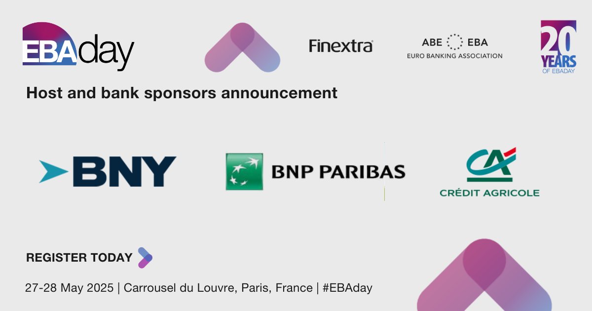 EBAday (@ebaday) on Twitter photo Announcing our first 3 host and bank sponsors for EBAday 2025: <a href="/BNPParibas/">BNP Paribas Group</a>, <a href="/BNYglobal/">BNY</a> , and <a href="/CreditAgricole/">CrΓ©dit Agricole</a>!
At #EBAday2025 in Paris (27-28 May 2025), you'll have the chance to connect with 1400+ executives. Join us by booking your tickets: ebaday.com/register
#EBAday Announcing our first 3 host and bank sponsors for EBAday 2025: <a href="/BNPParibas/">BNP Paribas Group</a>, <a href="/BNYglobal/">BNY</a> , and <a href="/CreditAgricole/">CrΓ©dit Agricole</a>!
At #EBAday2025 in Paris (27-28 May 2025), you'll have the chance to connect with 1400+ executives. Join us by booking your tickets: ebaday.com/register
#EBAday