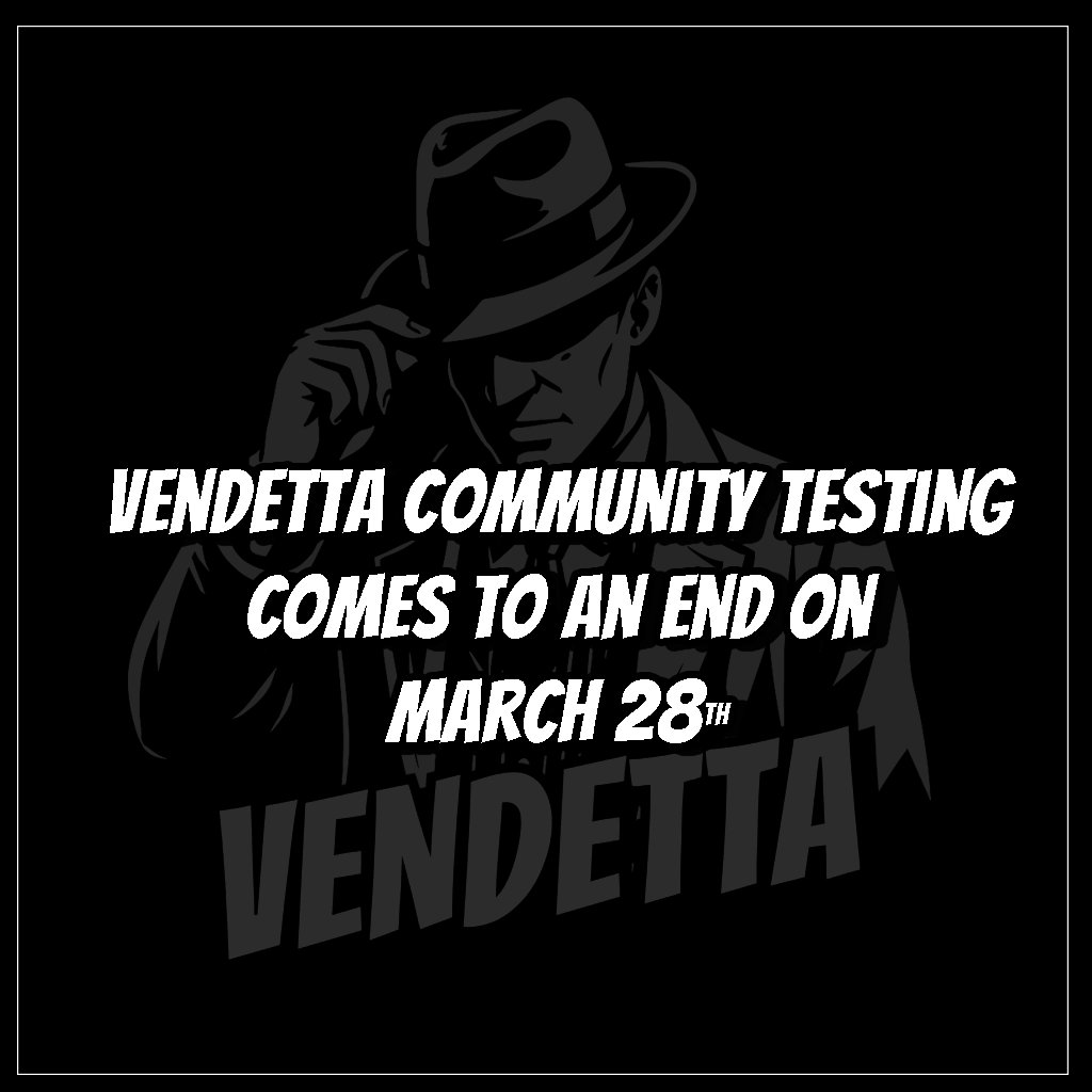 TheVendettaGame's tweet photo. All good things come to an end – Vendetta Community Testing wraps up on March 28.

We're humbled by all the participation and would like to thank you for joining the tests and giving your valuable feedback.

🎁As a thank you, all testers will receive $V tokens at mainnet launch! https://t.co/Qpqf3cqoLv