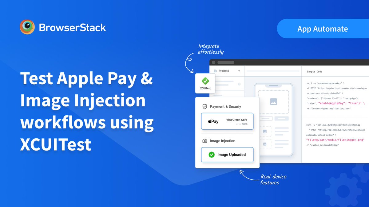 browserstack's tweet image. Testing payments or QR scans in your iOS app? Now it's easier than ever! 💡
You can now integrate #ApplePay while testing your mobile apps with XCUITest on #BrowserStack real-device cloud. Ensure smooth and secure one-click payment workflows with increased test and device…